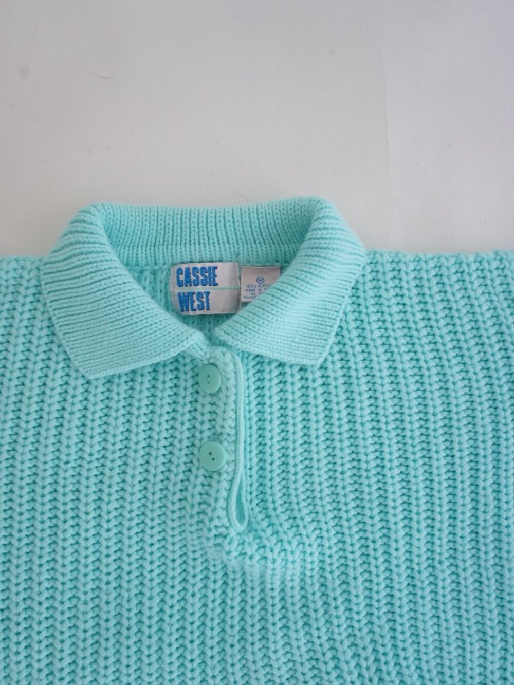 Vintage Cassie West Aqua Ribbed Collared Button Grandpa Knit Tennis Sweater M - Picture 8 of 8